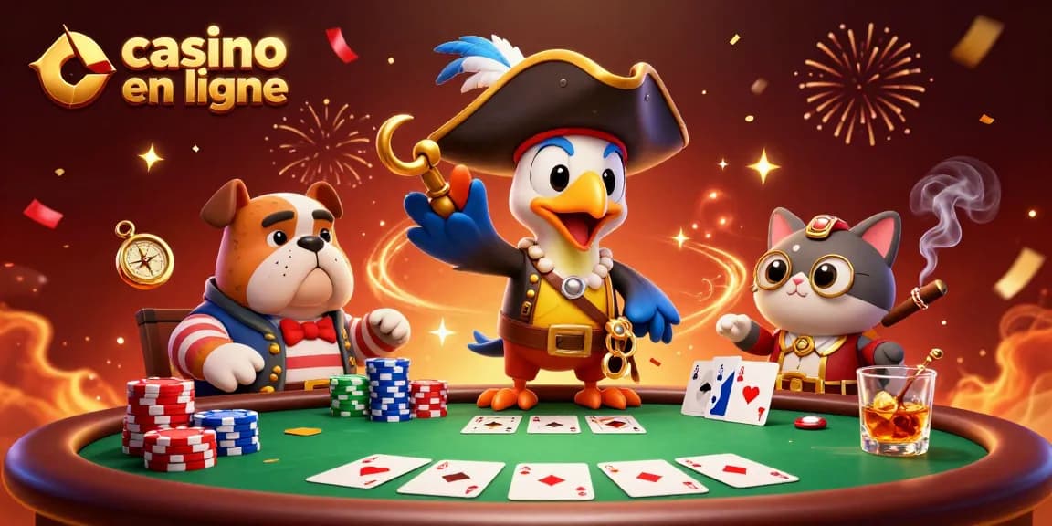 Illustration d'un casino en ligne avec un pirate, un bulldog et un chat naviguant autour d'une table de poker.