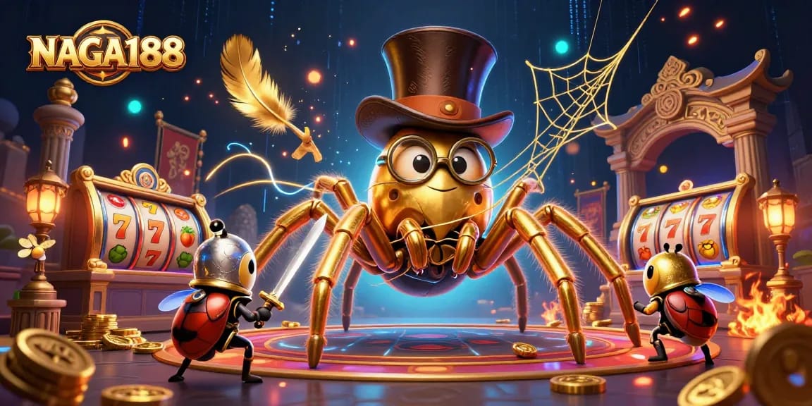 NAGA188 menyajikan ilustrasi 3D tarantula emas dan ksatria kupu-kupu di kasino, siap memberikan pengalaman bermain yang seru.