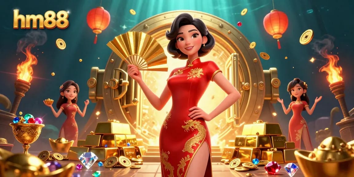 Experience excitement at hm88 with a stunning casino scene of vibrant characters amidst gold and gems.