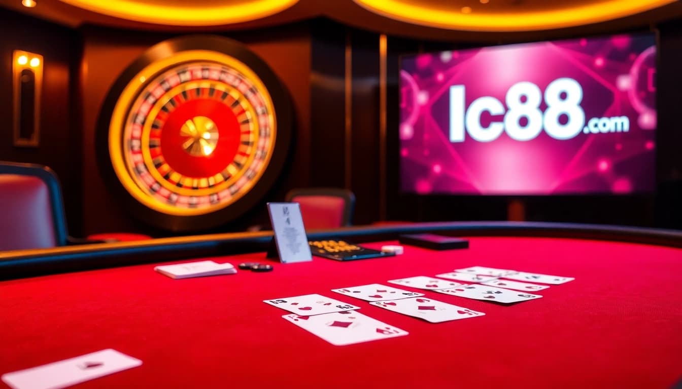 Engaging scene at a blackjack table showcasing lc88 .com with vibrant chips and cards.