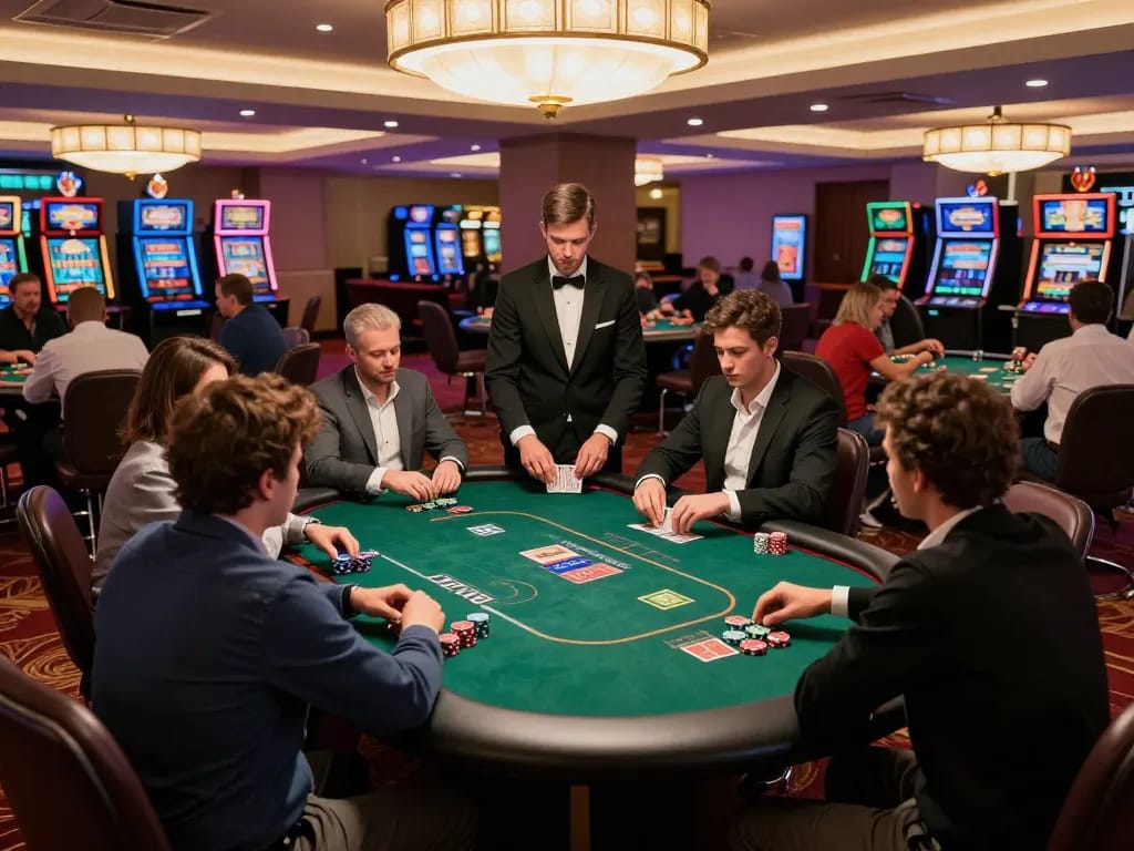 Players engaging in a strategic poker game at a casino table, highlighting TR88 excitement and tension.