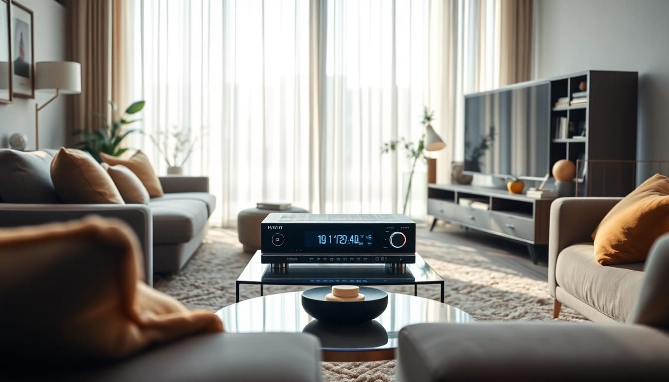 Bekijk de stijlvolle IPTV ontvanger van https://satdeal.nl in een moderne woonkamer setting.