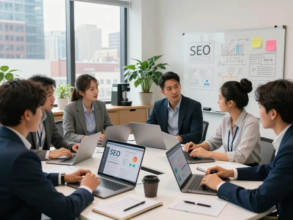 SEO Company in NYC strategy session with diverse team collaborating in modern office.