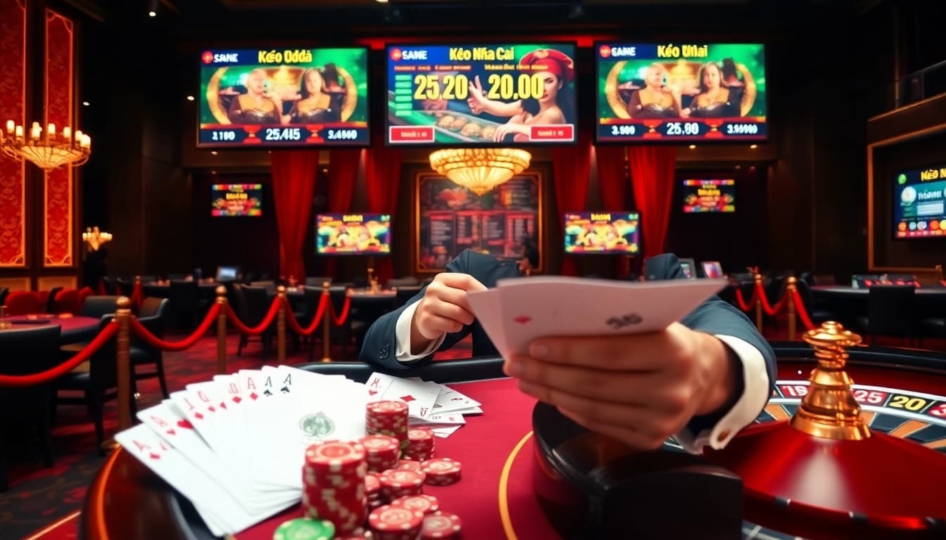 Gambler analyzing keo nha cai betting slips in a luxurious casino setting.