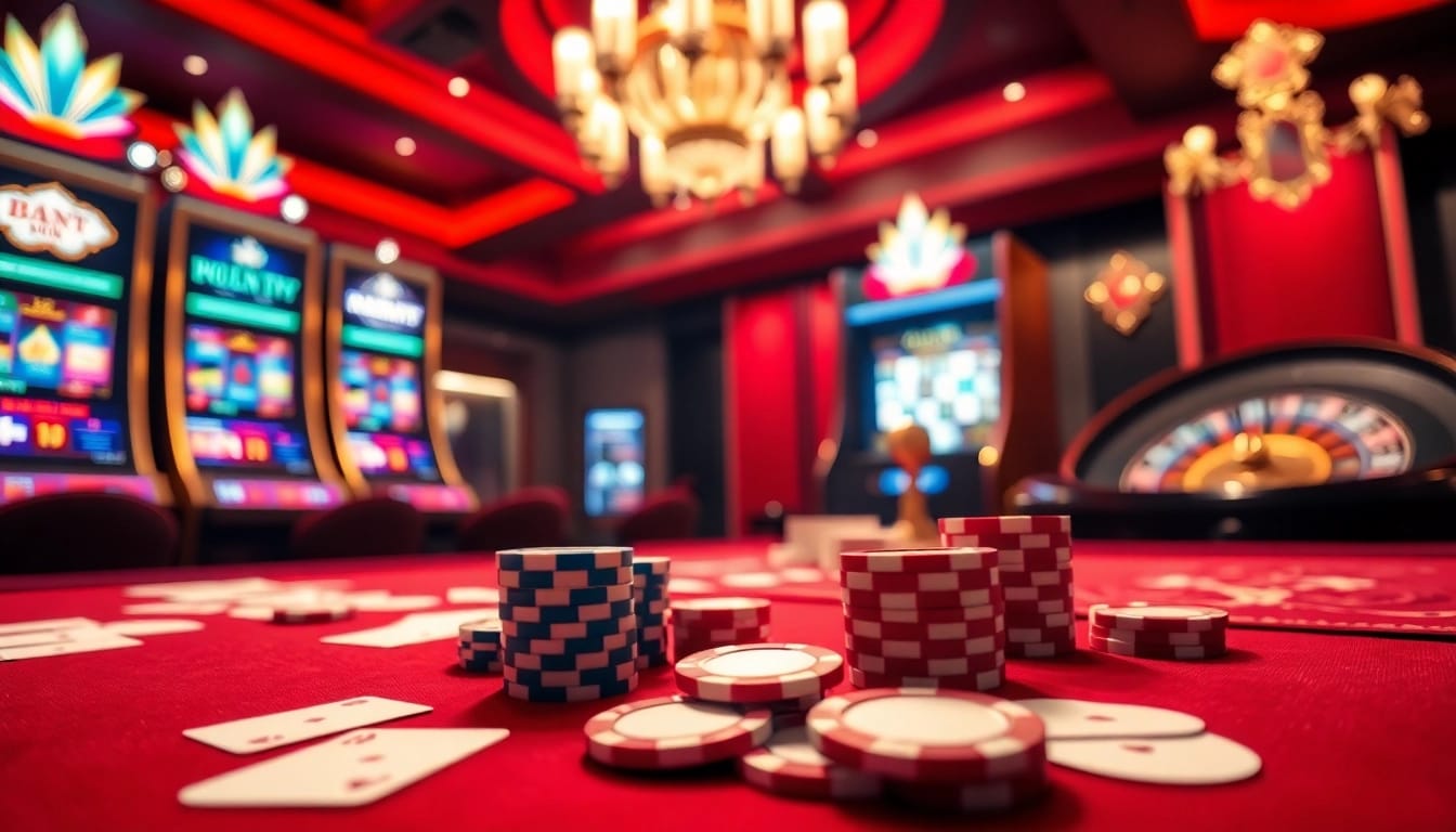 Expérience passionnante de casino en ligne avec des jetons de poker, des cartes, et des machines à sous vibrantes.