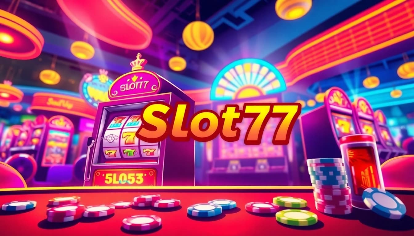 Menangkan Slot77 dengan mesin slot berwarna cerah dan suasana kasino yang hidup.