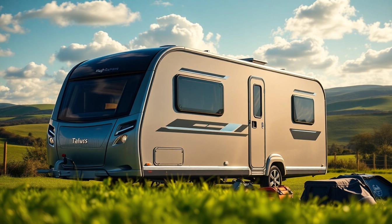 Experience the luxury of Hugh Daly Caravans in a serene countryside setting with a modern caravan model.