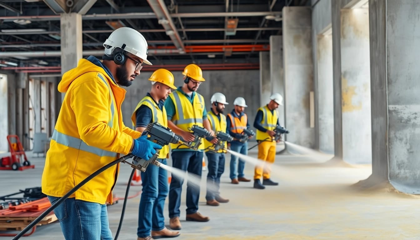 Fireproofing contractors applying materials on-site to ensure building safety and compliance.