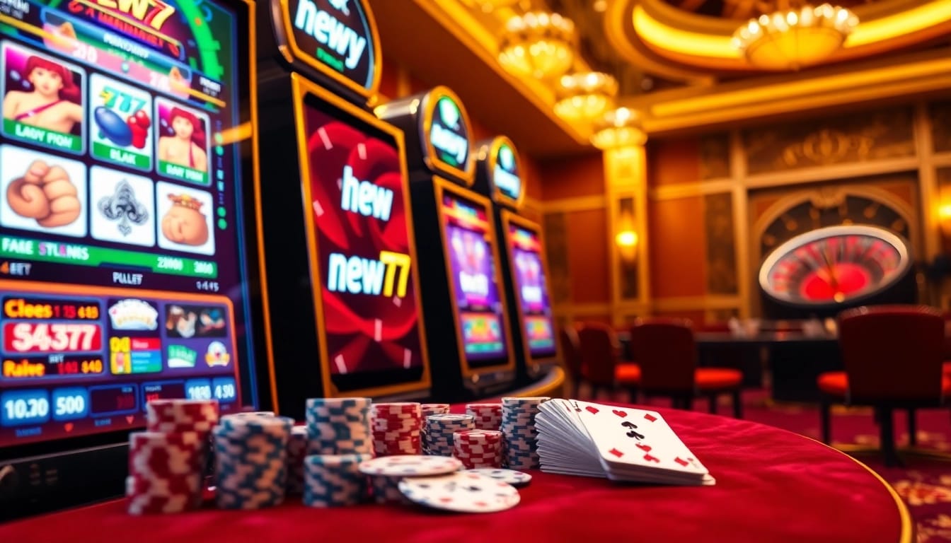 Play slots at new77 in an exciting casino atmosphere with vibrant colors and elegant design.