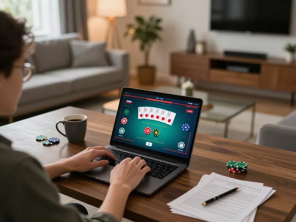 Engaging in online casino gaming at home with https://soikeo.in.net/ displayed on screen, poker game interface visible