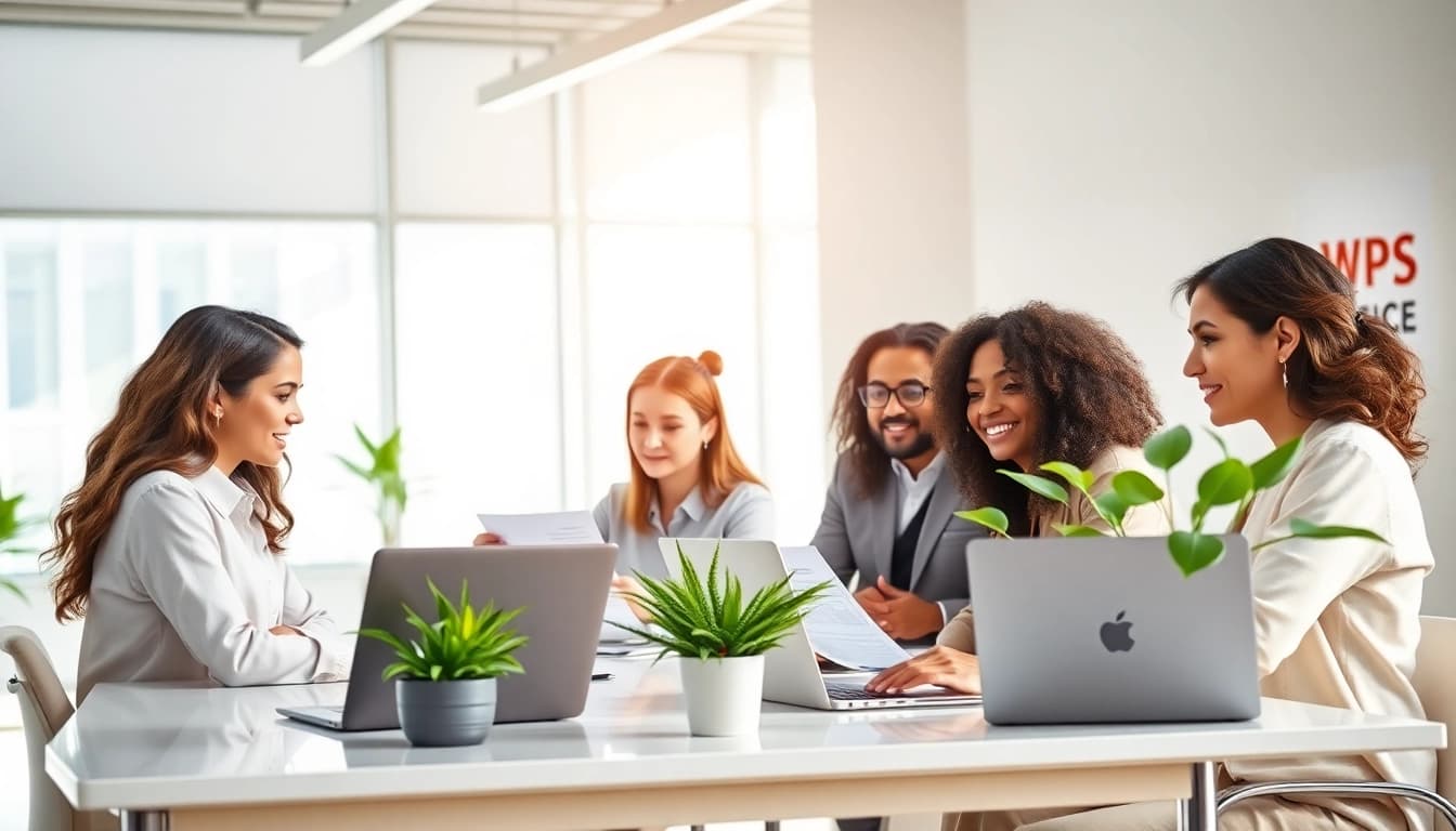 WPS官网下载: Professionals collaborating in a modern office using WPS Office's AI-powered tools