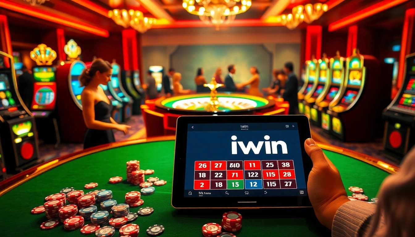 Experience the thrill of iwin at a luxurious casino with roulette and engaging players.