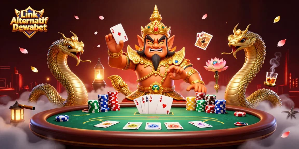 Betting with Link Alternatif Dewabet showcases vibrant 3D characters and dynamic poker elements.