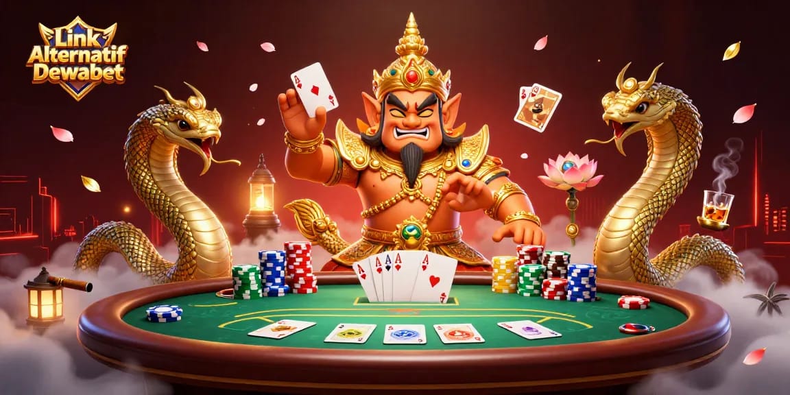 Betting with Link Alternatif Dewabet showcases vibrant 3D characters and dynamic poker elements.