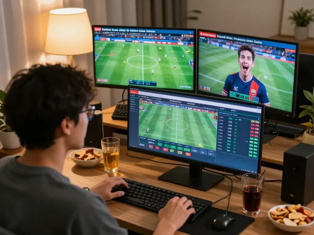 Kèo nhà cái updates displayed on multiple screens as a sports betting enthusiast analyzes live match data.