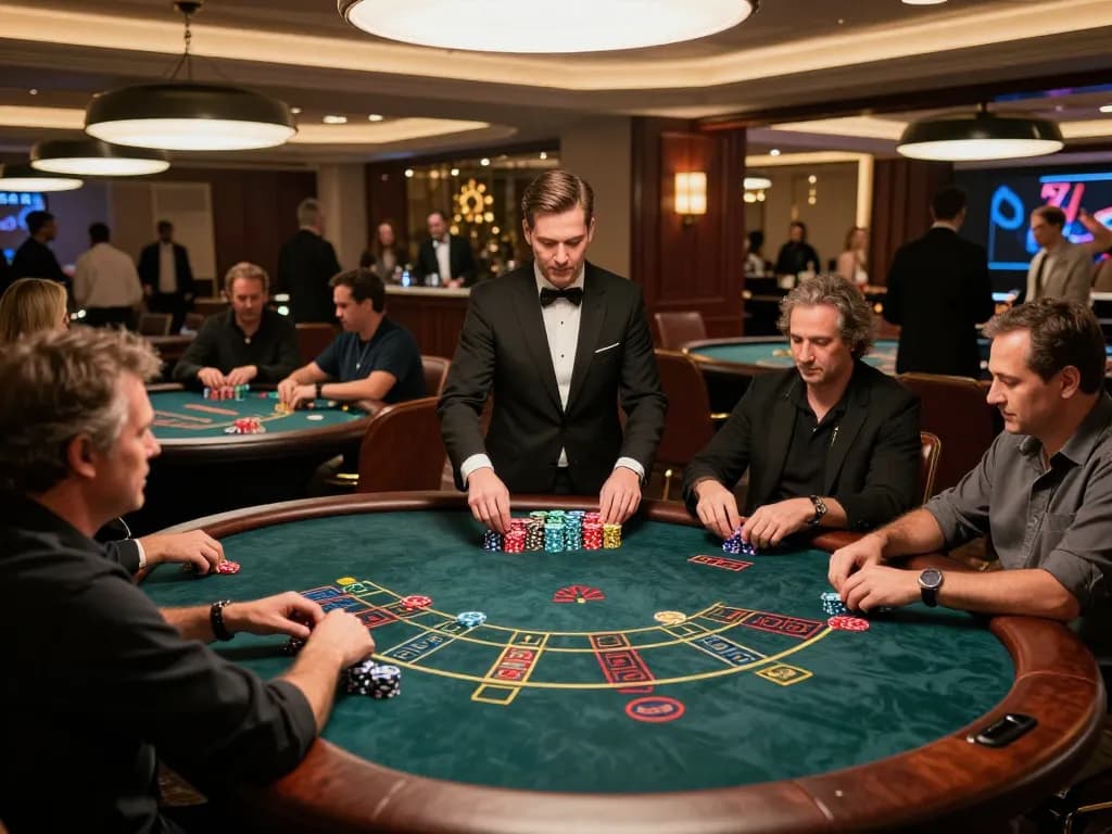 Players enjoy strategic blackjack action at a Go8 casino, with a lively atmosphere and stacks of chips visible.