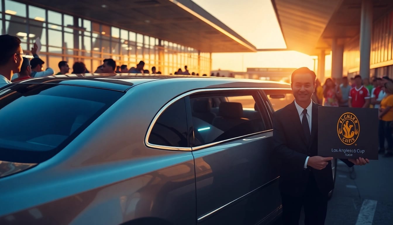 World Cup Group Transportation in a luxury limousine at LA airport, ready for excited fans.