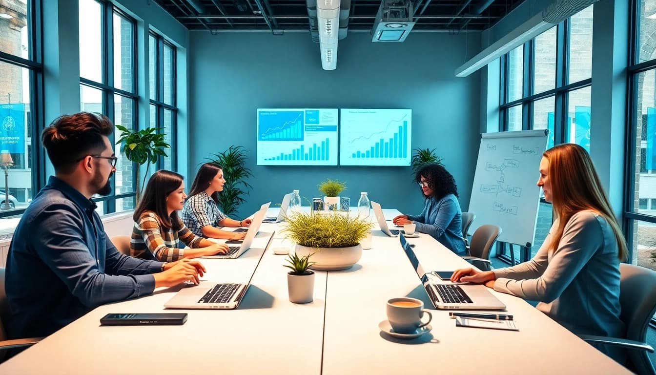 Collaborative team at https://wpedition.com in a modern office focusing on digital marketing strategies.
