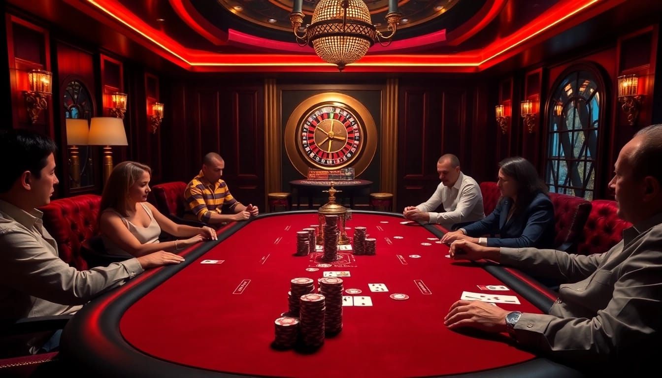 Excited players strategizing during a b52club poker game in an upscale casino setting.
