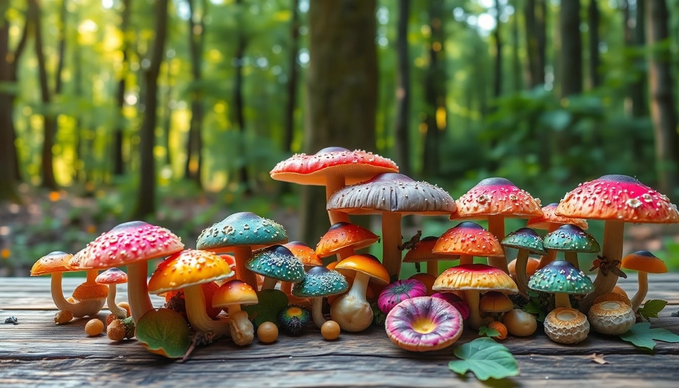Psychedelicschemstore showcasing vibrant mushrooms in a serene forest setting.