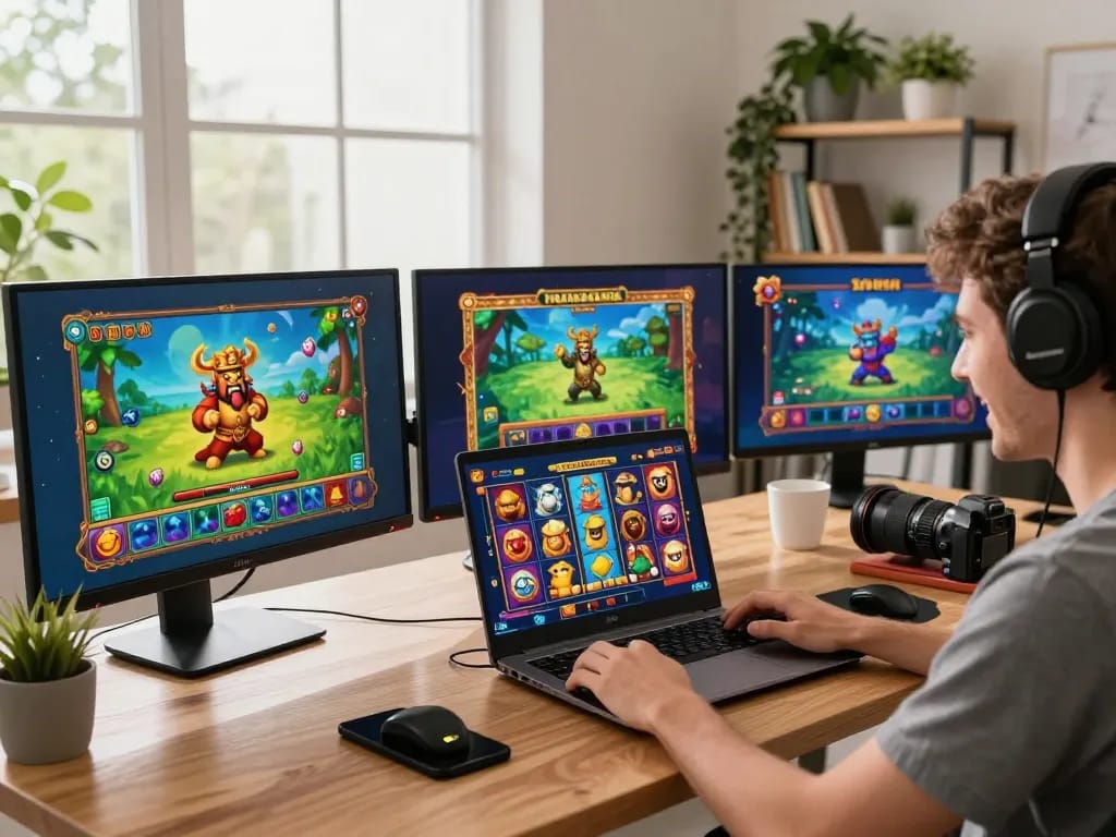 Engaging in an exciting slot demo gaming session on a laptop, showcasing vibrant game graphics.