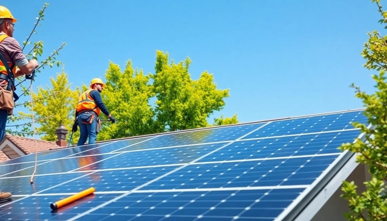 Piped Up team efficiently installing solar panels on a sunny rooftop.