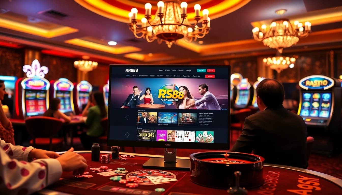 Engaging scene of players enjoying RR88 online games with vibrant casino elements.