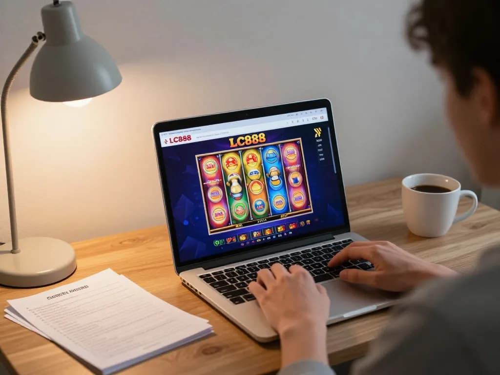 Player exploring exciting LC888 online slot games in a cozy home setting