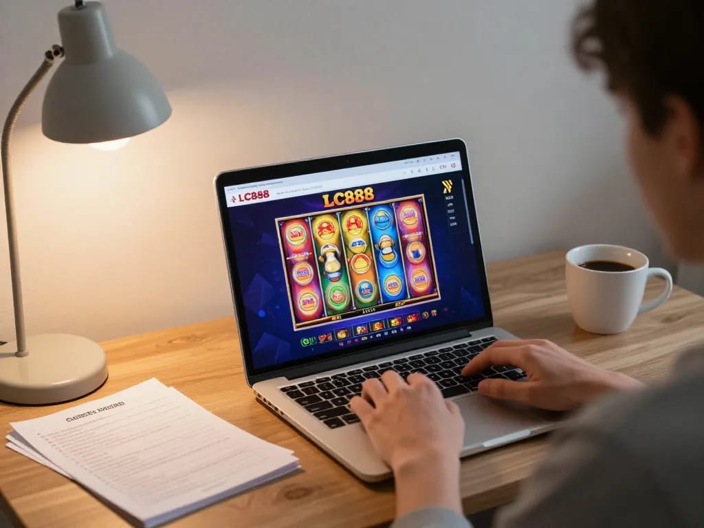 Player exploring exciting LC888 online slot games in a cozy home setting