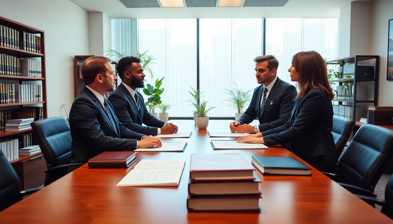 Engaged Atlanta Injury Lawyers strategizing over case files in a bright, modern office setting.