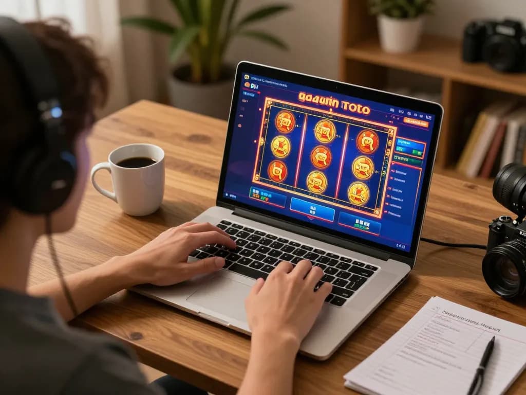 Engaged player enjoying gajah toto online slot games on laptop at home, strategic notes visible
