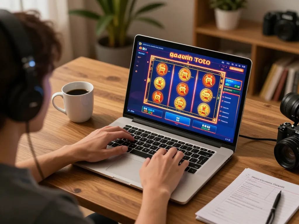 Engaged player enjoying gajah toto online slot games on laptop at home, strategic notes visible