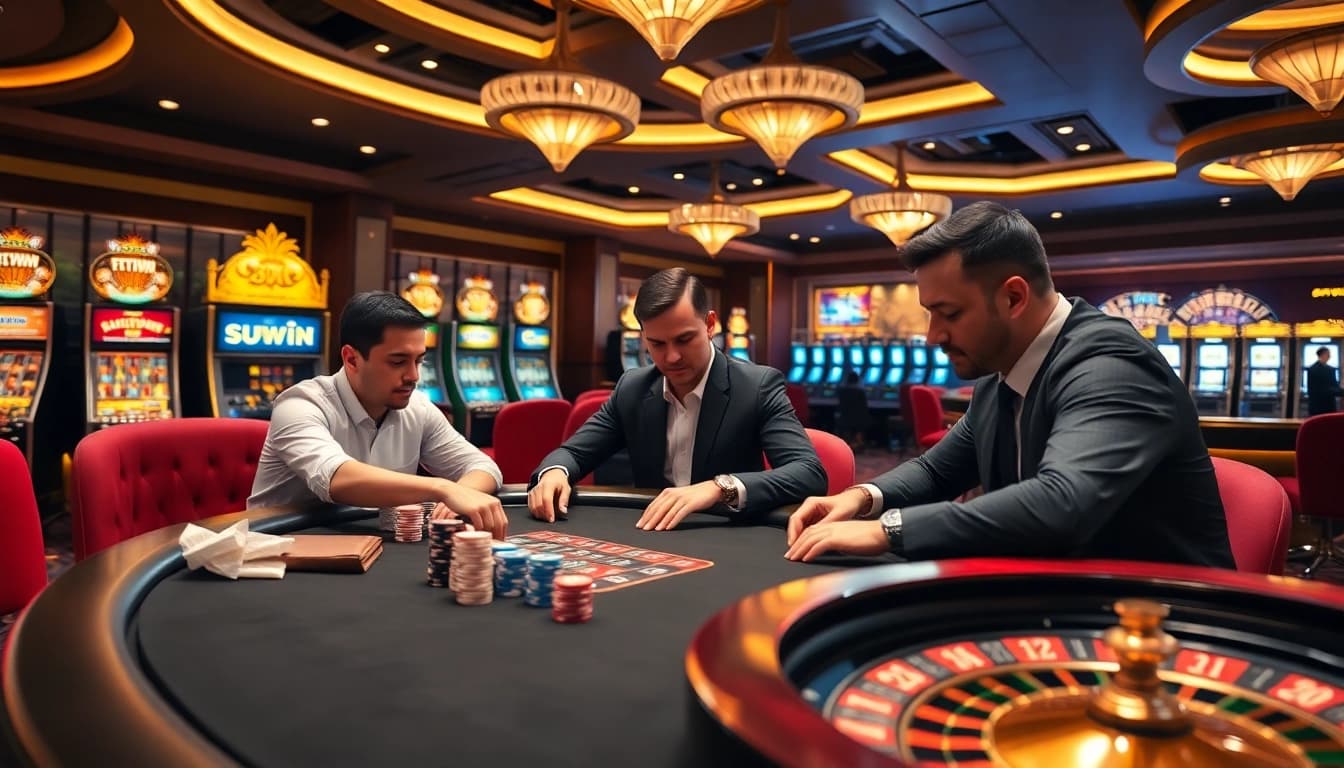 SUNWIN casino players strategizing at a luxurious poker table amidst vibrant slot machines.