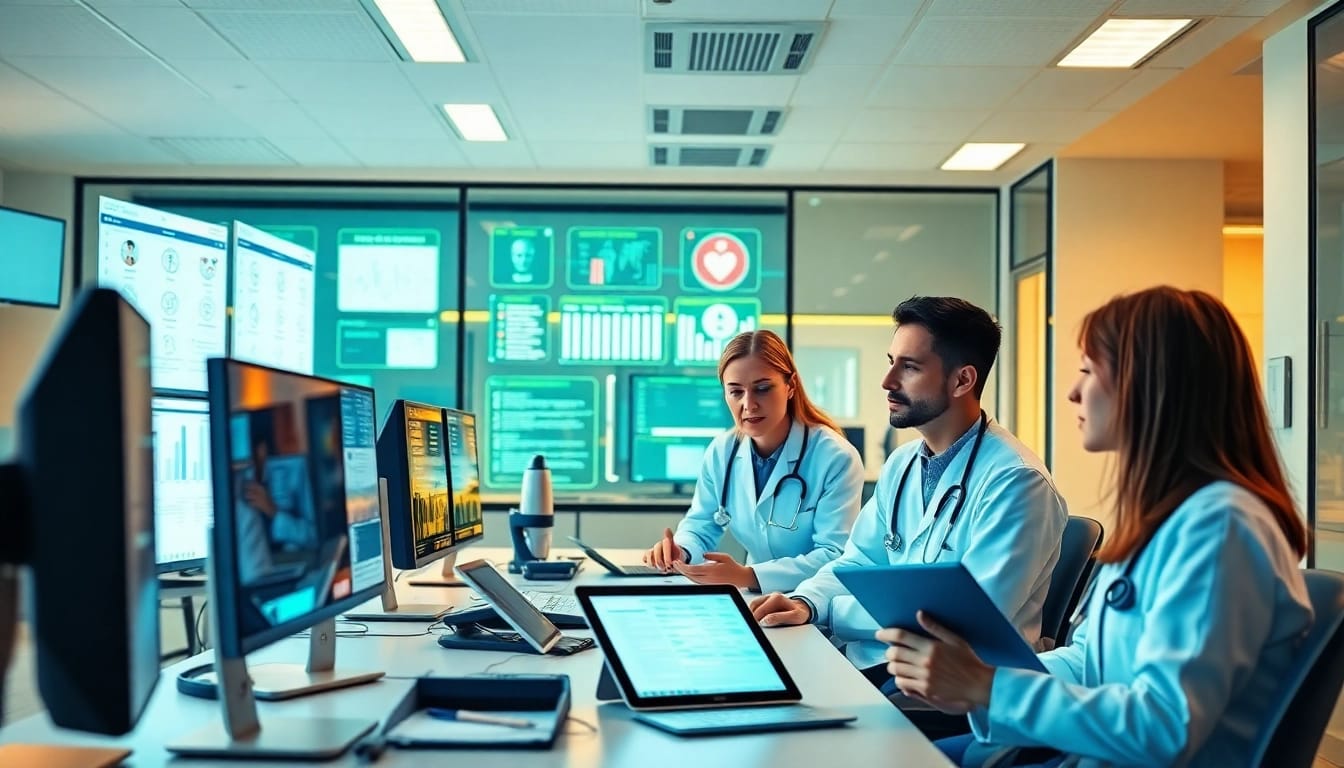 Healthcare professionals collaborating on innovative solutions at lifepp.click-inspired workspace.