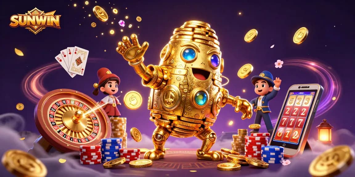 SUNWIN's vibrant casino scene with a golden golem, slot symbols, and spinning roulette wheel.