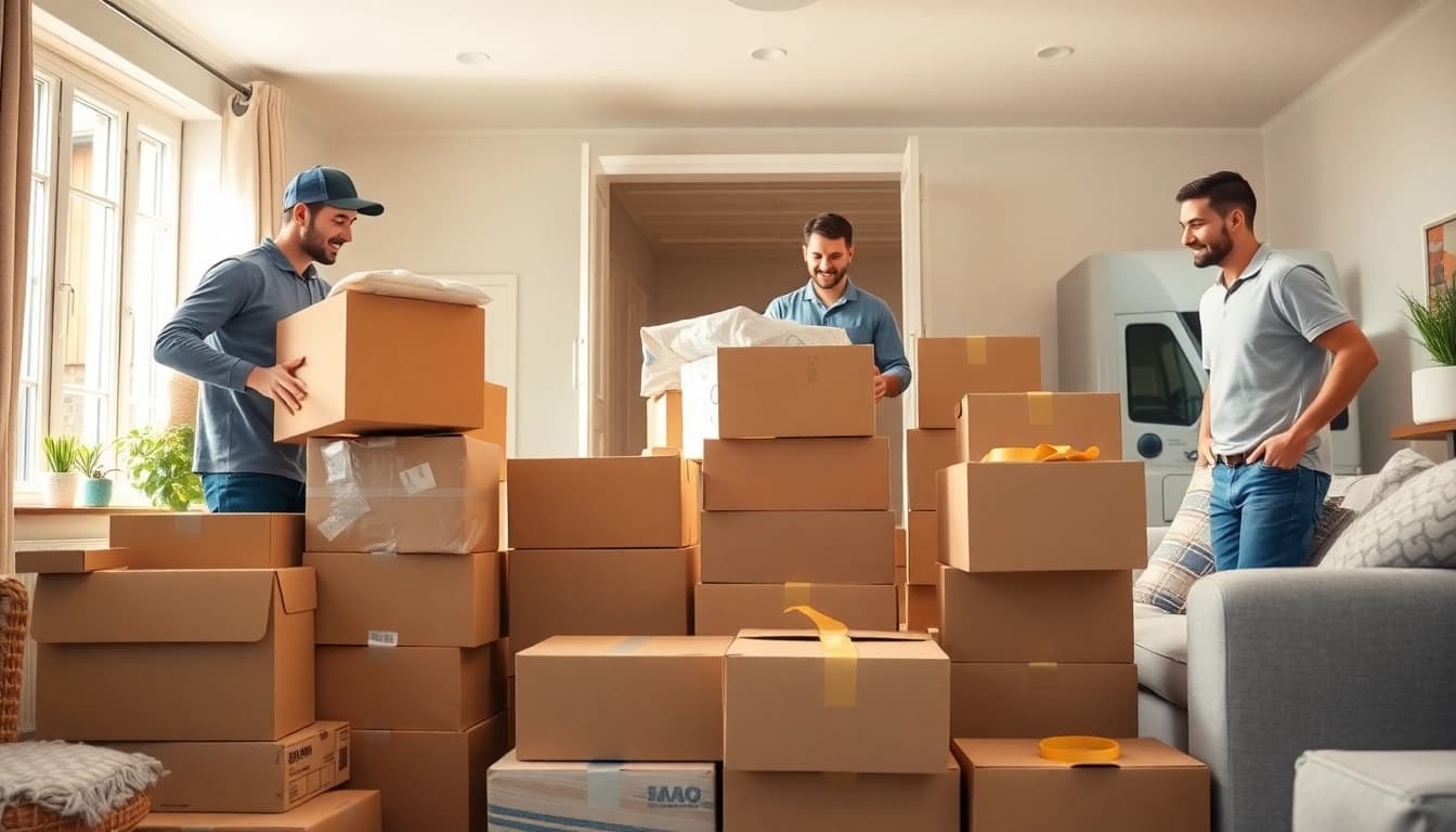 Movers from removals company Cheltenham packing boxes in a cozy living room.