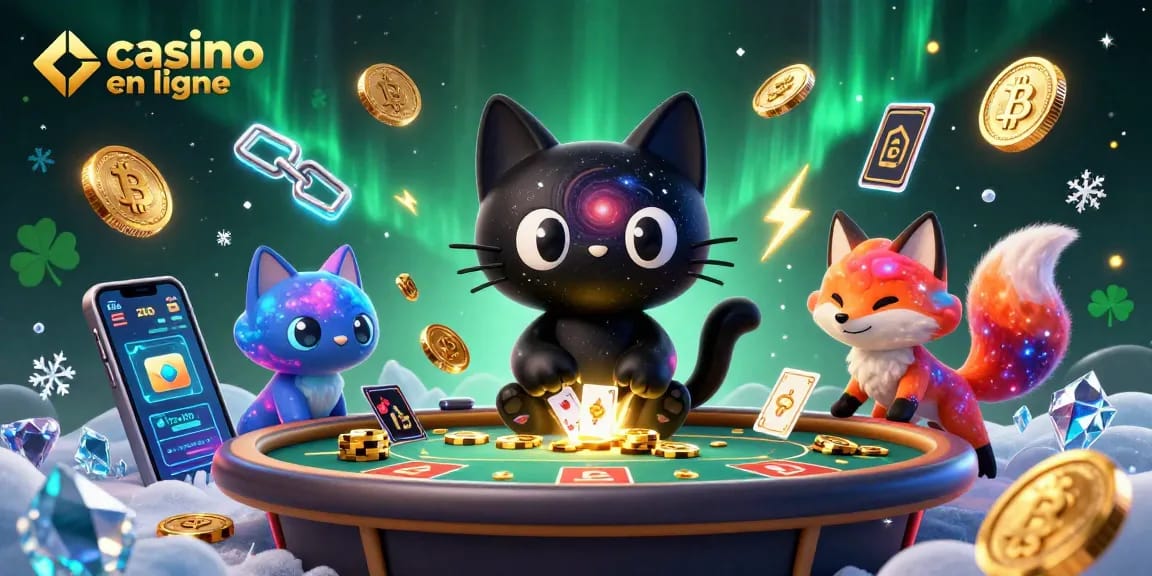 Jouer au casino en ligne avec un chat noir gravitationnel et un renard nébuleux dans un décor cosmique.