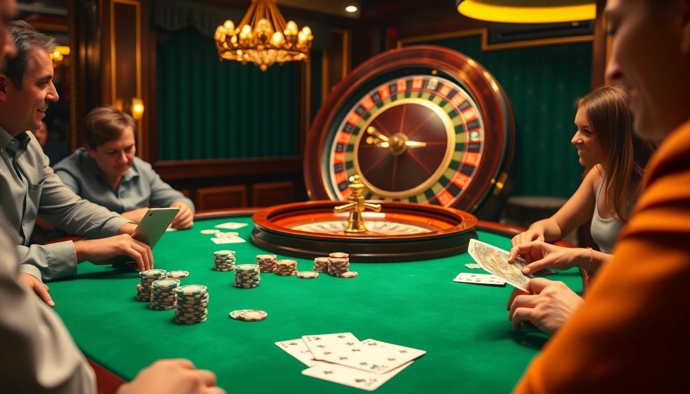 Players engaging in high-stakes fun at the DA88 casino gaming table with vibrant poker chips and cards.
