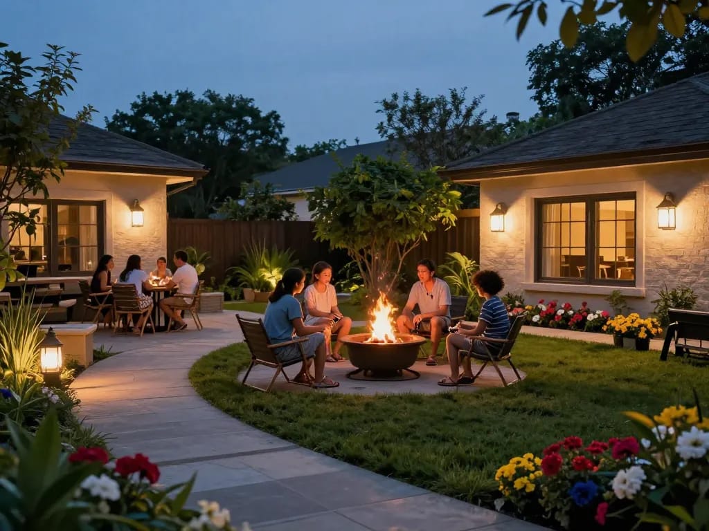 Dusk to dawn outdoor lights illuminating a backyard gathering, enhancing safety and ambiance.