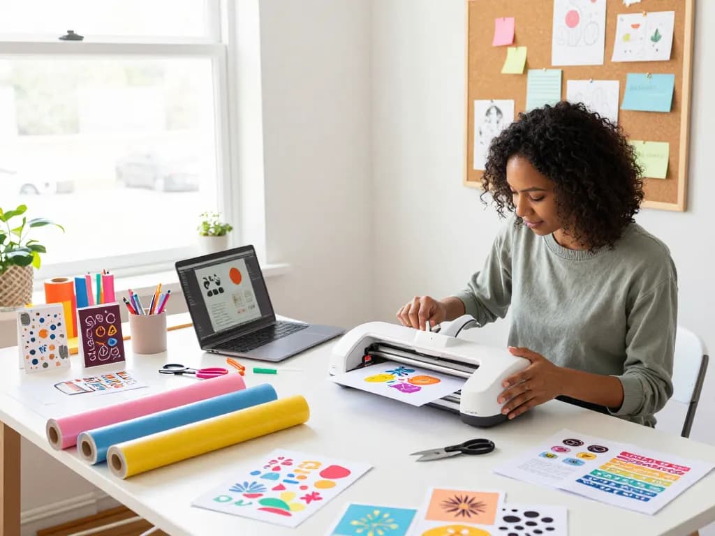 Vibrant SVG designs in progress for Cricut projects in a bright creative workspace.