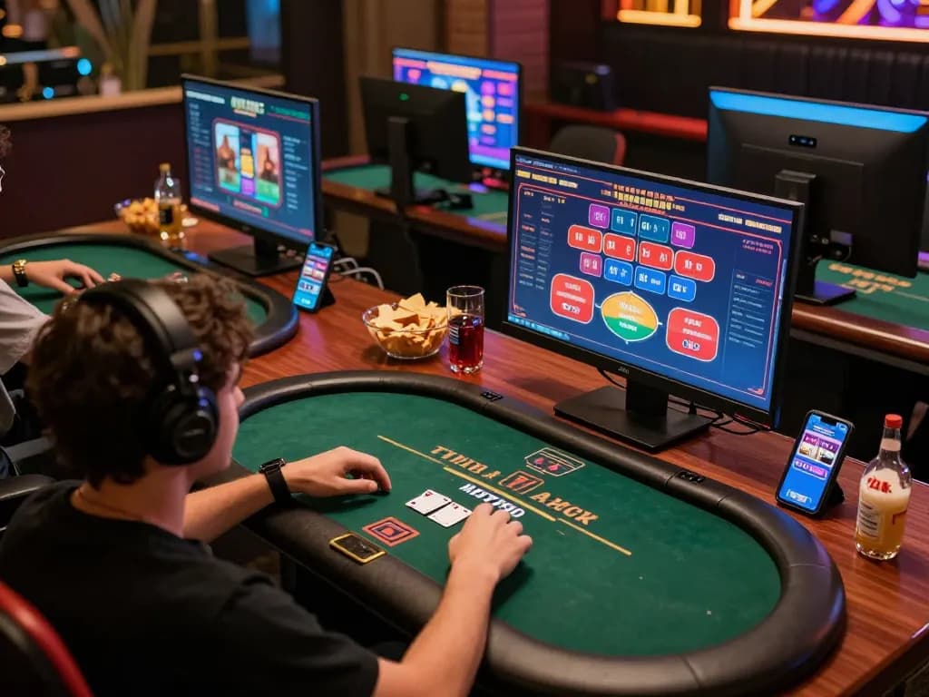 Player strategizing during an online poker game at home, featuring Da88 gaming setup.