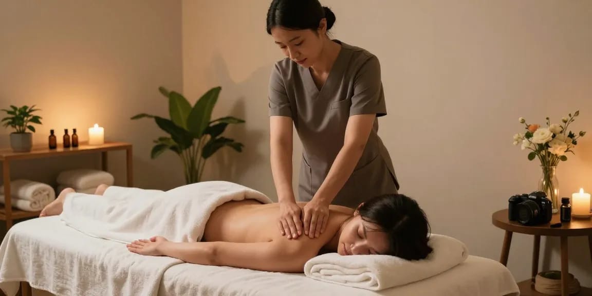 역삼동마사지에서 편안한 마사지 받는 장면과 아늑한 치료실의 분위기