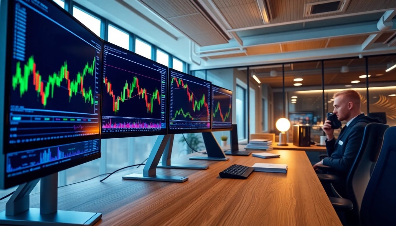 Best stock trading app In Saudi Arabia showcased in a professional trading workspace with charts and monitors.