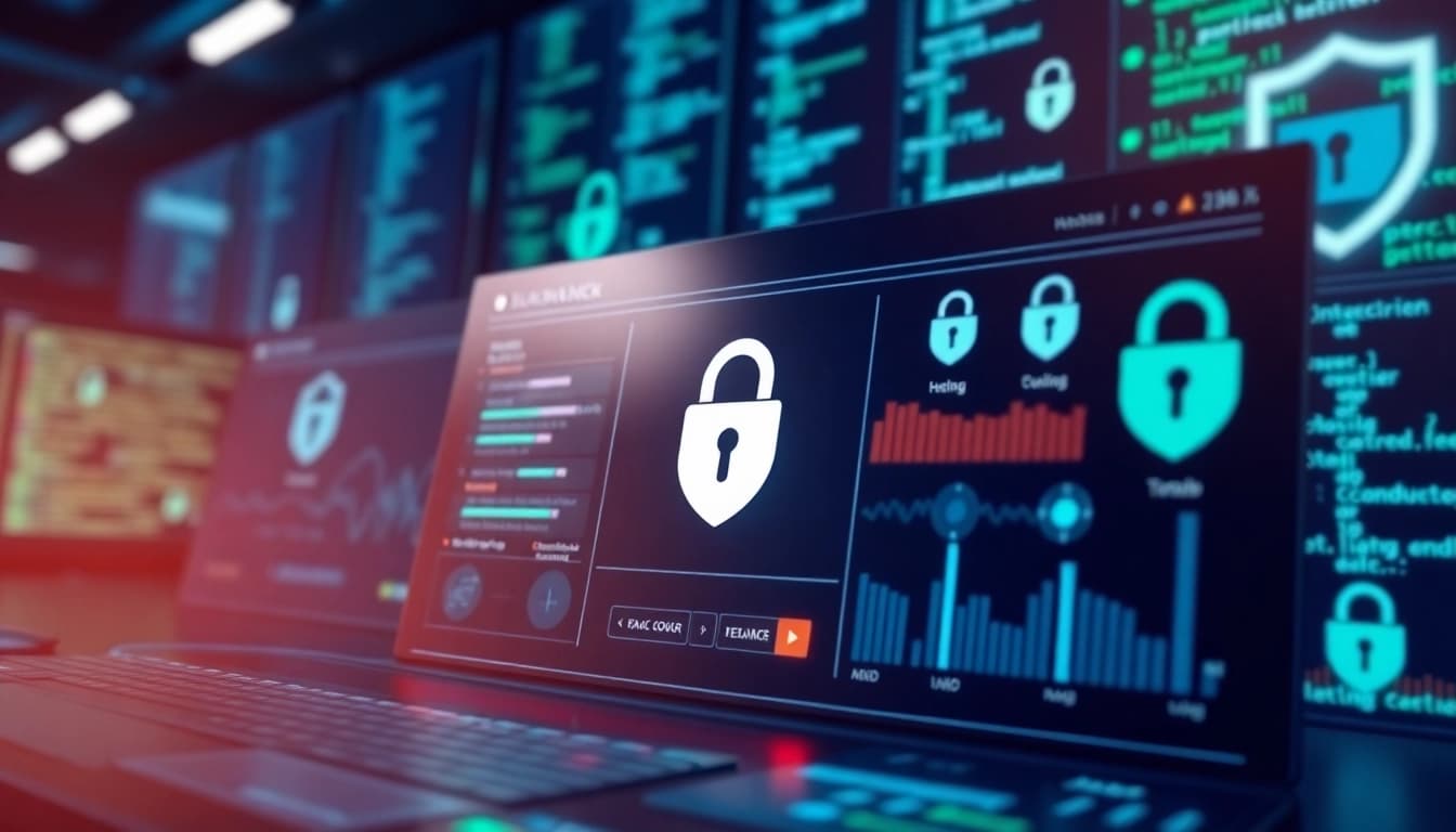 Visual representation of 火绒安全 showcasing a modern cybersecurity dashboard with security icons and a tech atmosphere.