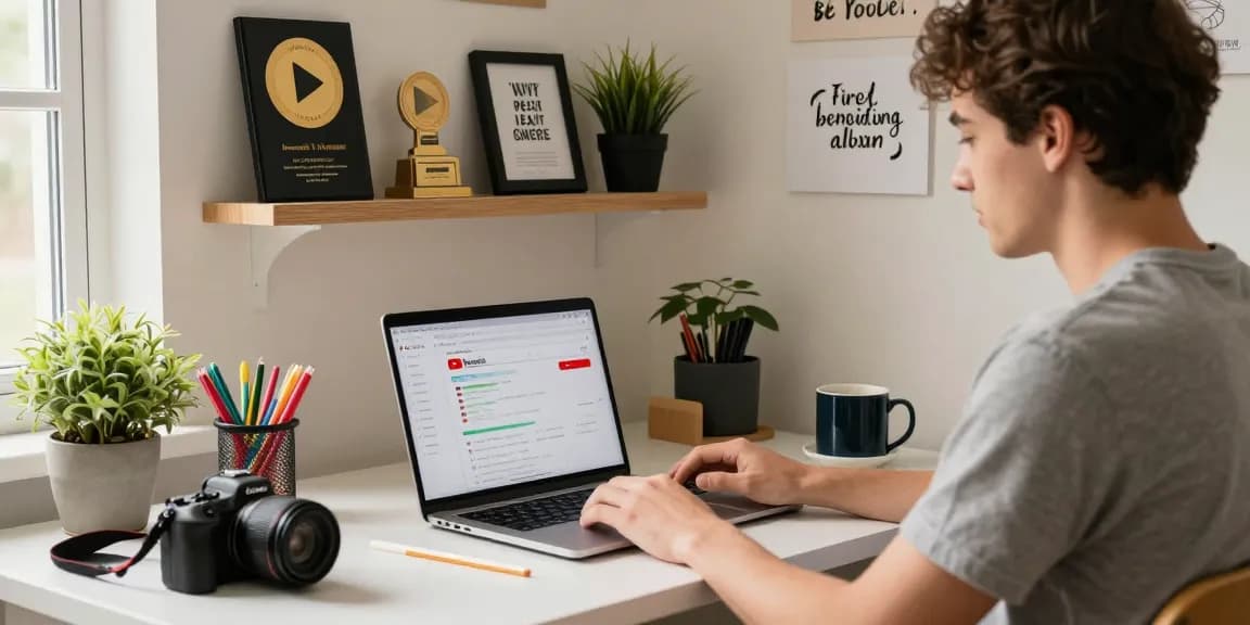 Beste Seiten, um YouTube-Abonnenten zu kaufen depicted in a vibrant home office with YouTube awards and analytics on the laptop.