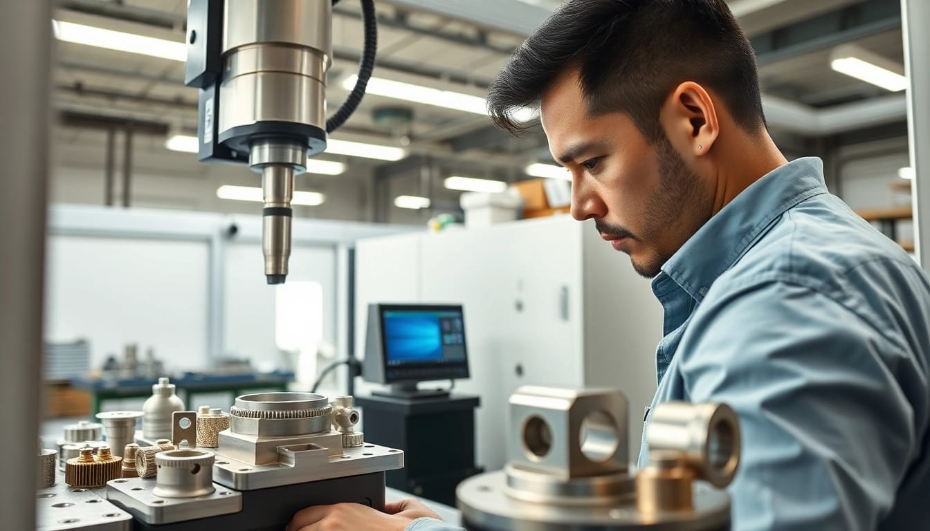 Chiheng Custom CNC Machining workshop displaying precision machining with skilled technician and intricate parts.
