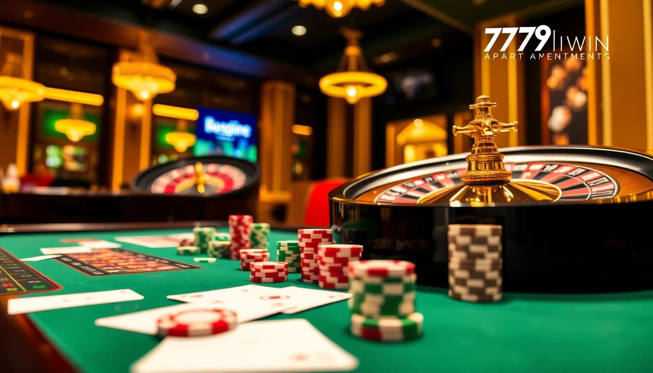 Experience the excitement of online gambling at https://789win.apartments/, featuring a lively casino scene with roulette and poker elements.