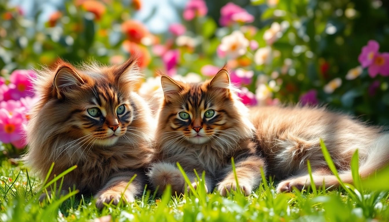 Cute Maine Coon cats for sale showing off their playful nature in a sunny garden.