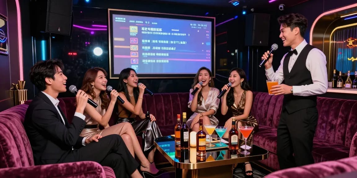 강남구구단에서 친구들과 즐거운 시간을 보내며 프리미엄 카라오케룸에서 노래하고 있는 모습