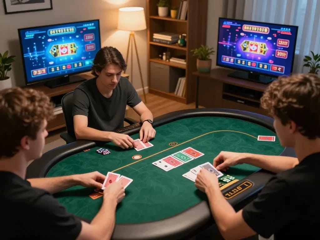 NOHU90 players strategizing during an online poker game with interactive elements in a cozy home setting.
